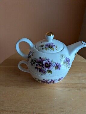 Allyn Nelson Collection Purple Floral Ceramic Teapot with Gold Accent
